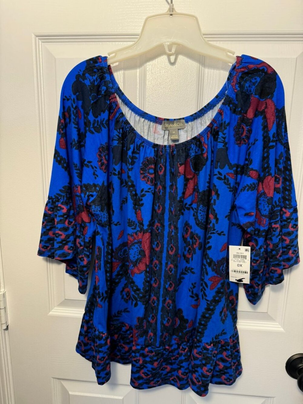 Style & Co blue scoop neck boho peasant top w/ flounced ruffle trim Size 0X NWT